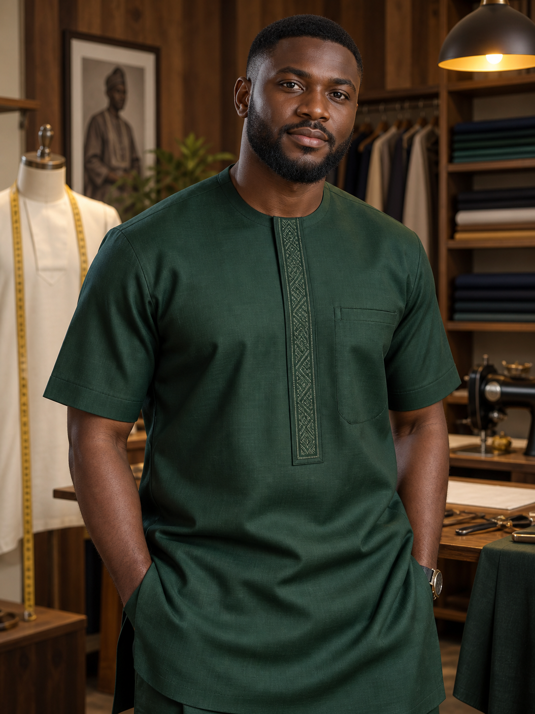 Illustrative forest-green tailored shirt
